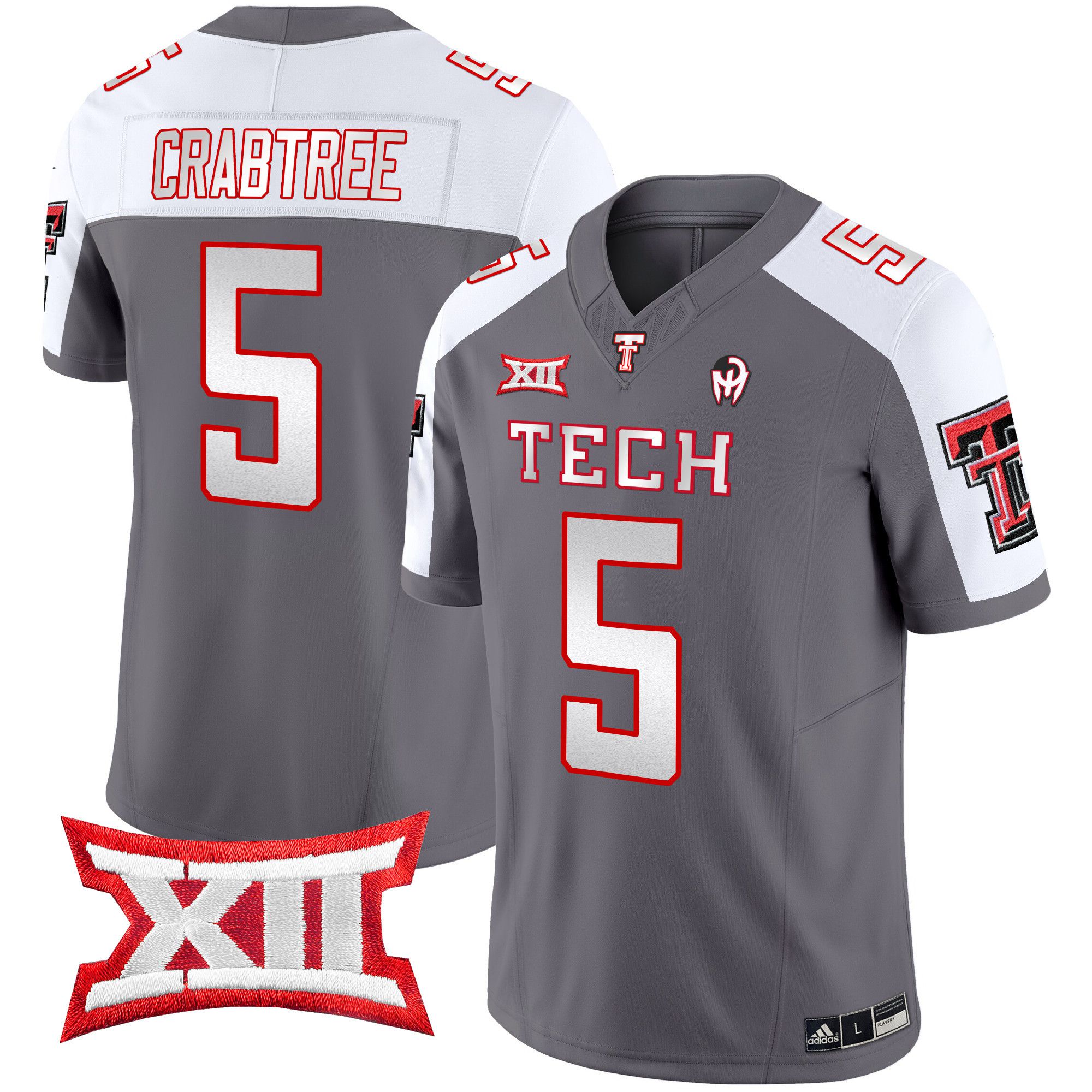 Men Texas Tech Red Raiders #5 Crabtree Grey 2024 Patrick Mahomes Symbol Vapor Limited NCAA Jersey style 1